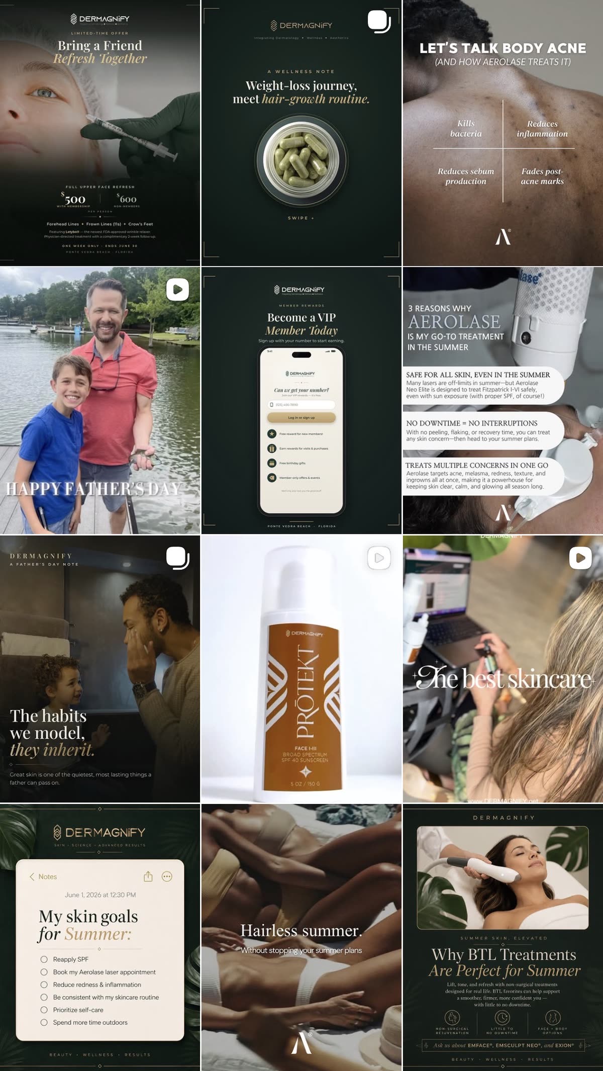 Dermagnify's Instagram grid, twelve posts mixing treatment offers, skincare products and in-office Reels with a cosmetic injection close-up, a body acne explainer and a laser hair removal post, captured September 2026
