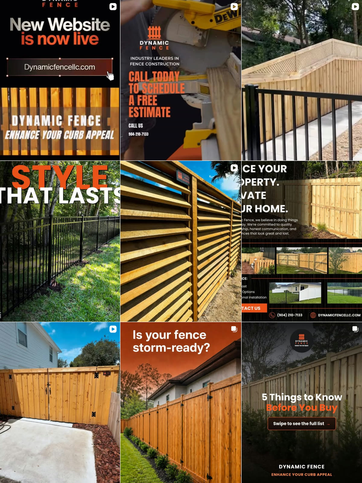 Dynamic Fence's Instagram grid, nine posts mixing finished wood and metal fence photographs with branded offers and buying tips, captured September 2026