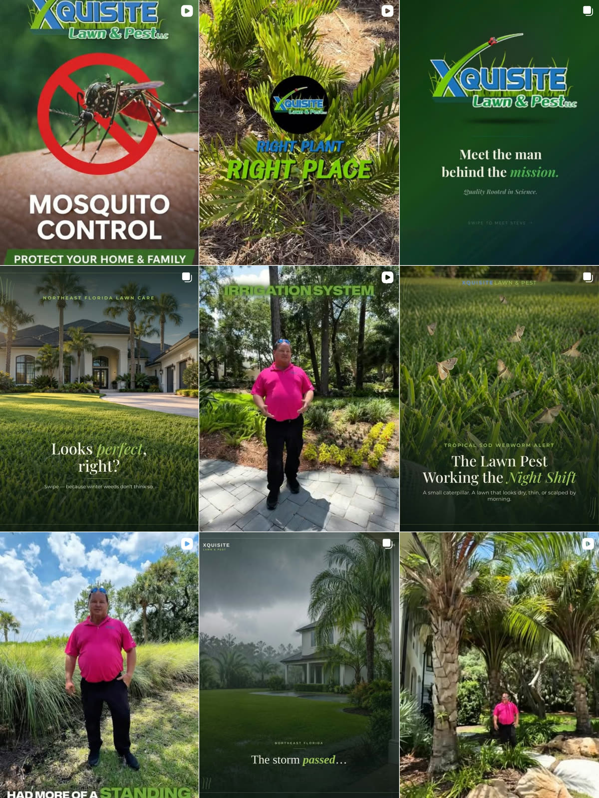 Xquisite Lawn & Pest's Instagram grid, nine posts mixing lawn and pest education graphics with videos of the owner walking client properties, captured September 2026